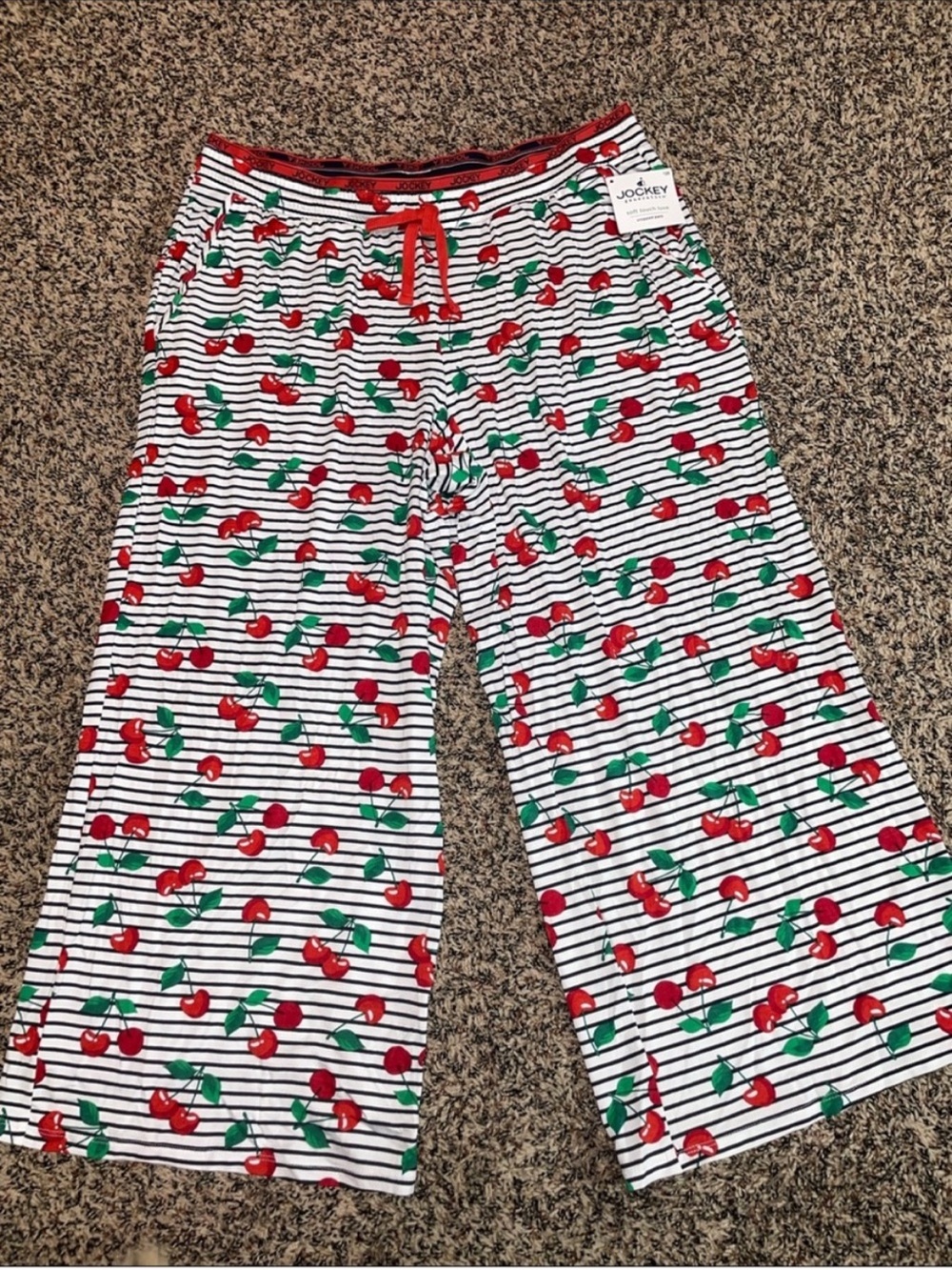 Jockey Cropped Soft Red Cherry Stripe Pajama Pants Woman’s Small NWT